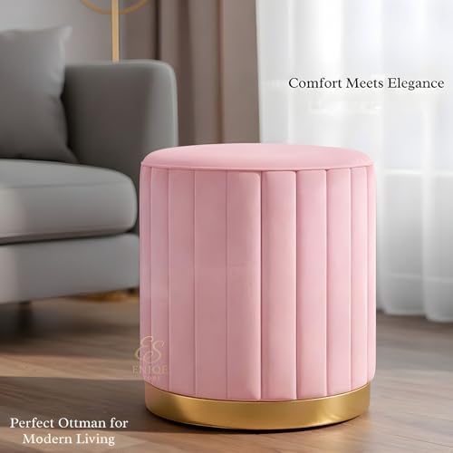 Image of Premium Velvet Round Ottoman Stool with Gold Metal Base - Modern Upholstered Footrest for Living Room, Bedroom & Vanity Seating (Baby Pink)