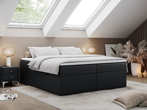 MKS MEBLE Boxspringbett 200x200 cm ohne Kopfteil mit Bettkasten, Premium Multipocket Matratze H4, mit Topper T25, Stauraumbett BESS - Schwarz Kunstleder