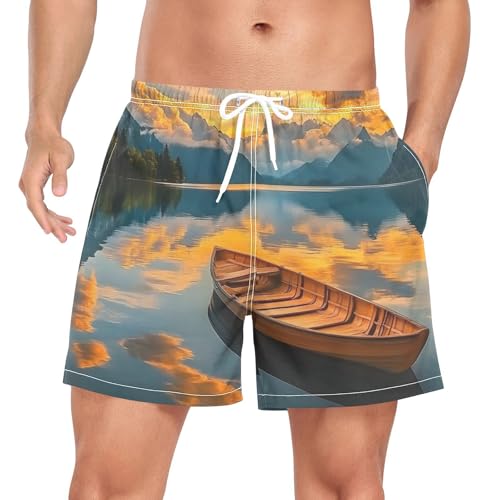 Landscape Boat Sunset Lake Mens Swim Trunks with Liner, Cool Quick Dry Beach Swim Shorts, Swimwear Bathing Suits S