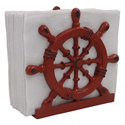 THDC Nautical Napkin Holder, Lunch, Dinner, Nautical Collection Napkin Holder, Made Of Metal (Wheel Distress Red) Cover