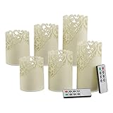 LED Candles with Remote Control – Set of 6 Realistic Flameless Pillar Lights with Lace Details and Vanilla Scented Wax – Home Decor by Lavish Home