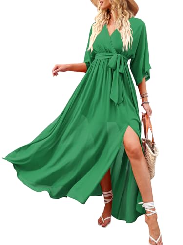ANRABESS Womens Summer Loose Boho Flowy Wrap V Neck 3/4 Sleeve Floral Print Slit Beach Wedding Guest Long Maxi Dresses