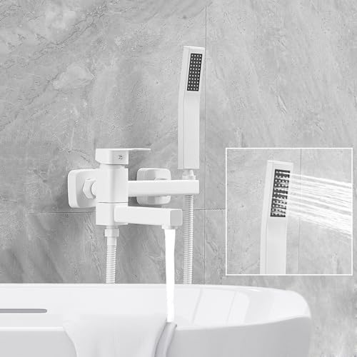 Grifo de Baño con Cascada Grifo de Bañera Blanco para Montaje en Pared con Ducha de Mano Caño Giratorio de 90° Grifo de 2 Modos Blanco