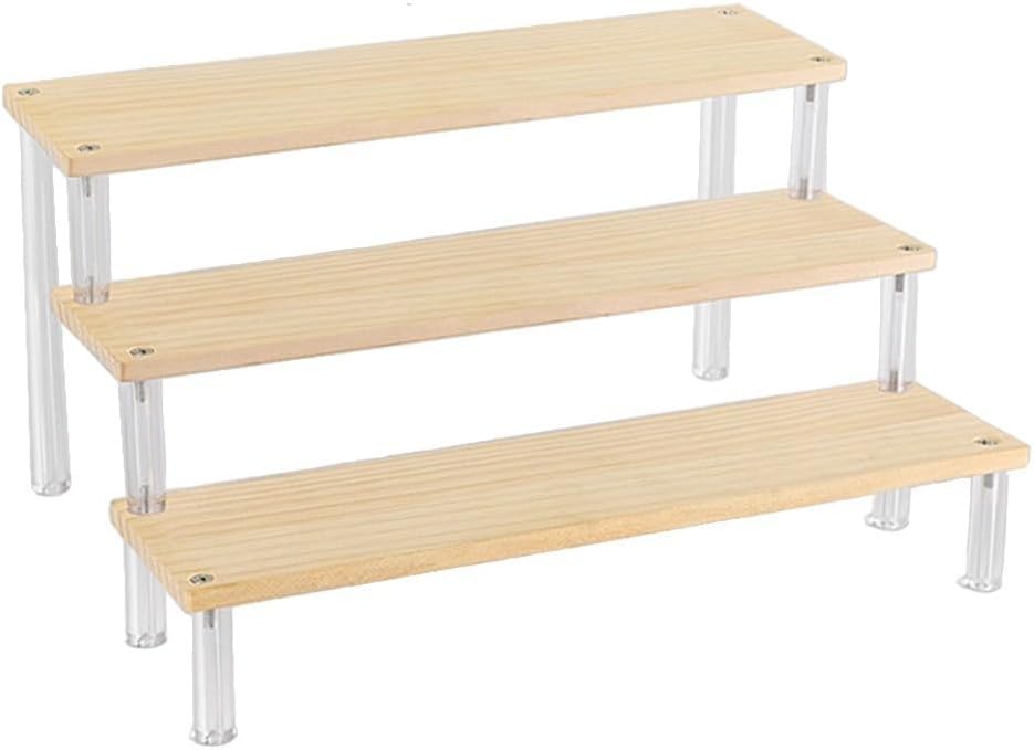 FABULETTA Wooden Ladder Display Rack With for acrylic Shelves, Multi-Tier Storage Organizer For Collectibles, Cosmetics & Desserts, Rustic Home Decor Stand, Available In 20-50Cm Sizes(3 layer 30cm)