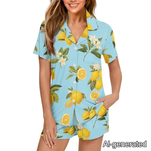 Image of Renewold Women's Short Sleeve Pajama Set Button Down Sleepwear with Notch Collar Soft Lounge Top and Shorts with Pockets