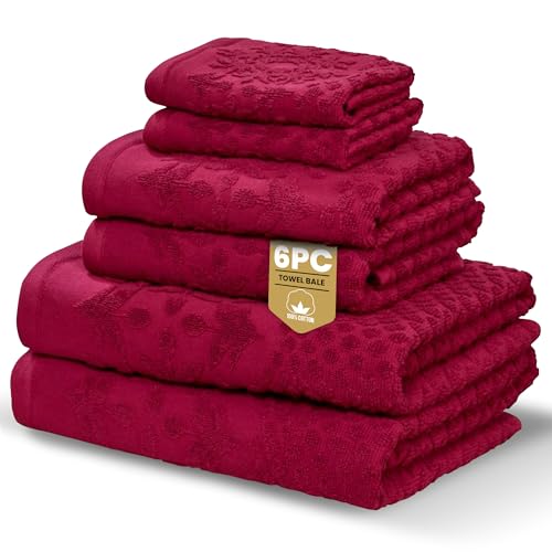 Rapport Home Versailles Jacquard 6-Piece Towel Bale | Luxurious 100% Cotton 500GSM Bathroom Set for Soft Absorbent Comfort and Elegant Style | Bale Ruby