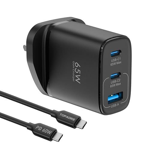 TOPADRE 65W USB C Charger, 3 Ports Fast Charger Plug with QC4.0/PPS/PD3.0, UK USB C Plug for MacBook Pro/Air, iPad Pro/Air, for iPhone 17 Air/16/15Pro Max, for Galaxy S24/S23, Laptop Charger, Black