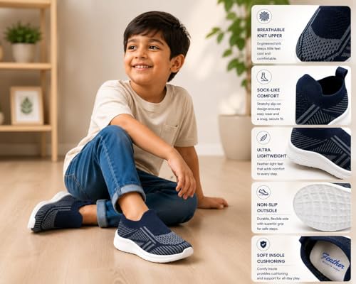 Image of Kids Navy Blue Knit Slip-On Sneakers for Boys | Lightweight Breathable Casual Walking Shoes with Geometric Pattern & Cushioned Sole
