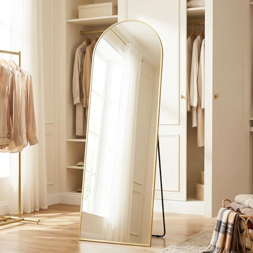 SONGMICS Miroir Intégral, 160 x 50 cm, Miroir Arqué sur Pied, à Poser au Sol, Cadre en Alliage d’Aluminium, Verre Trempé, pour Chambre, Salon, Dressing, Doré Clair LFM031A01