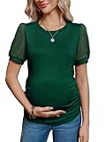 FMEYOA Women's Maternity Shirt Short Sleeve Top Swiss Dot Mock Neck Ribbed Knit Striped Ruched Side Blouse(Z-Green,Large)
