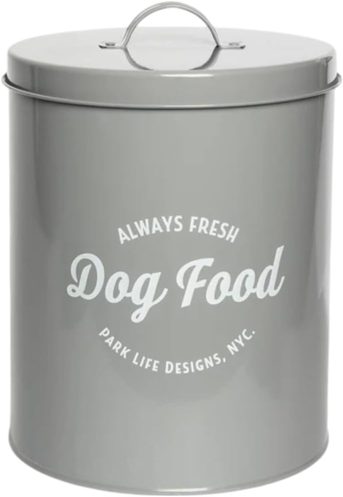 Park Life Designs Large Metal Pet Treat Jar, Airtight Carbon Steel Canister for Dogs & Cats, Kitchen Countertop Storage, Grey, 4.4 Qt