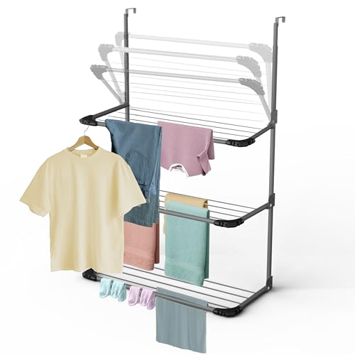 Knight 3-Tier Over The Door Clothes Airer | Foldable Clothes Rail with Corner Spaces for Hangers | Sturdy Hanging Washing Laundry Airer | Indoor Clothes Drying Rack for Small Spaces (Grey)