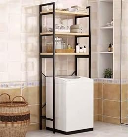 HOLMZCED 3 Tiers Over The Washer and Dryer Storage Shelf, Bathroom Rack Shelf with Adjustable Feet Freestanding Storage Rack Wood Laundry Shelf Organizer Black for Bathroom