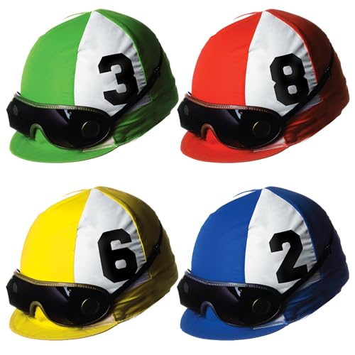 Beistle Jockey Helmet Cutouts – 4 Pack Double Sided Cardstock Horse Racing Wall Decorations, Large Colorful Signs for Race Day Theme Parties, Sports Bar Displays, Photo Backdrops and Event Decor, 14"