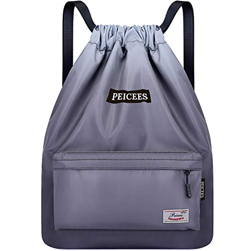 Peicees Waterproof Drawstring Sport Bag Lightweight Sackpack Backpack for Men and Women (Black Gray)