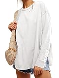 Womens Oversized Long Sleeve Shirts Crew Neck Casual Tops Loose Fit Side Slit Fall Tees White