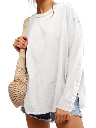 Womens Oversized Long Sleeve Shirts Crew Neck Casual Tops Loose Fit Side Slit Fall Tees White