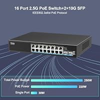2.5G PoE Switch 16 Port mit 2X 10G SFP, VIMIN 16x 2.5G Base-T PoE Ports, 10G SFP PoE Switch w/ 120Gbps Ethernet Switching Kapazität, IEEE802.3af/at, 220W, VLAN, Metallgehäuse, Lüfterlos – Ansicht 3