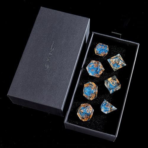 Fugacity DND Dice Set, Liquid Core Handmade Sharp Edge 7 Piece Resin Dice-Dungeons and Dragons Polyhedral Dice Set, D&D Dice Set with Gift Dice Case for RPG MTG Table Games(Deep Blue)