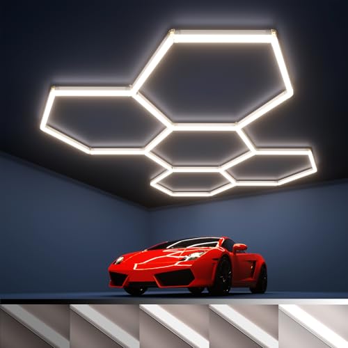 Litezone Hexagon Garage Lights, 0-100% Triac Dimmable LED Garage Lights, 5 Frame 24 Tubes 240W 5000K Expandable Hexagon LED Ceiling Lights for Garage, Gym, Workshop, Basement, Shop
