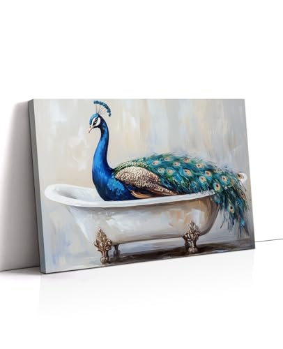 LYUNSHUO Peacock Bathroom Canvas Wall Art Vintage Canvas Print Funny Peacock in Bathtub Picture Rustic Farmhouse Bird Paintings Prints Bathroom Decor Ready to Hang - 12.00"x18.00"