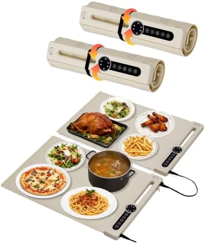 Food Warming Mat, Dual-Zone Heating Mat for Food with 7 Temp & Timer, 10s Fast Heat Flexible Silicone Warmer for Home, Parties, Buffet Serving (Cream-2 PCS)