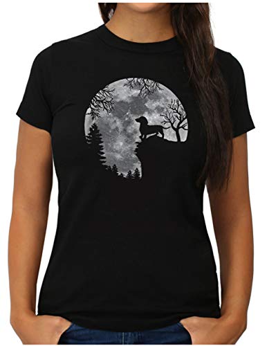 OM3® Dackel T-Shirt | Damen | Full Moon Dog Dachshund Teckel | Schwarz, M