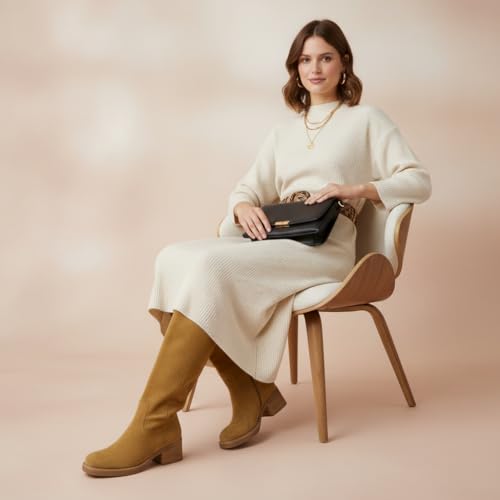 Image of CUSHIONAIRE Sawyer Genuine Leather Tall Chunky Heel Womens Boots - Pull On Casual Knee High Boots for Women