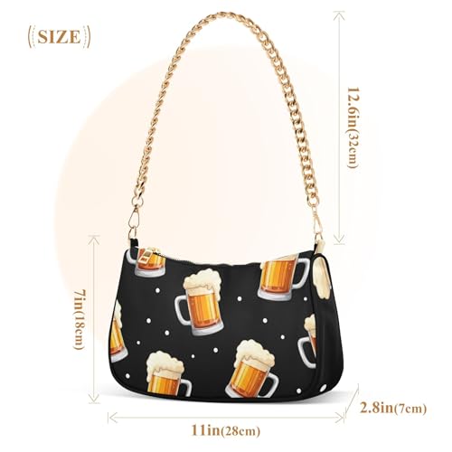 Zipper Lady One Shoulder Bag Cheerful Beer Mugs Black Designer Handbag Artistic Womens Retro Formal Purse Hobo with Chain Strap3