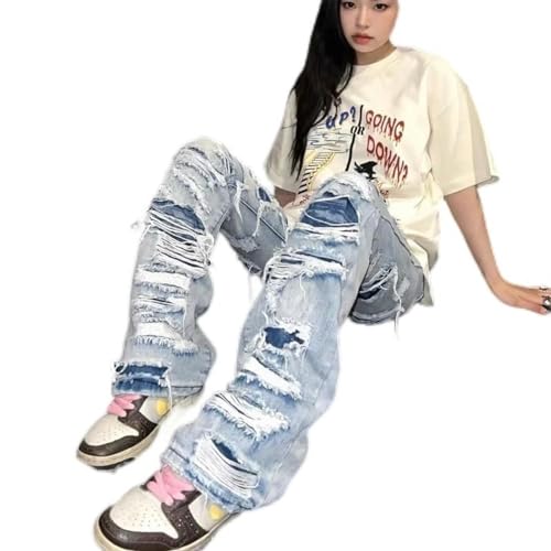 Jeans denim extensible rayé et délavé horizontal style rétro américain décontracté
