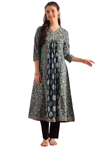Image of Vbuyz Cotton Floral Printed A-Line Mirror Work Kurta for Women