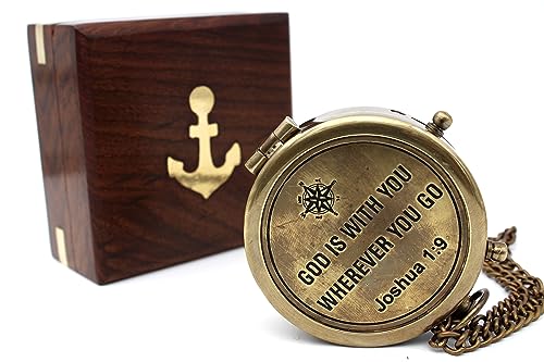 US HANDICRAFTS “God is with You 1:9” Engraved Brass Compass with Rosewood Case – Christian Gift for Son, Graduation, Birthday, Baptism & Confirmation – Inspirational Pocket Compass for Men