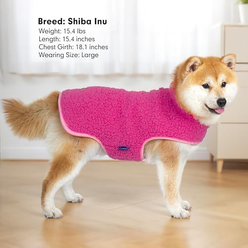 Image of cyeollo Sherpa Dog Coat Reversible Dog Jackets for Small Dogs, Fuchsia, L | Warm Fleece Winter Sweater, Turtleneck Pet Vest, Adjustable Fit, Easy On & Off, Leash Hole for Cold Weather Outdoor Walks