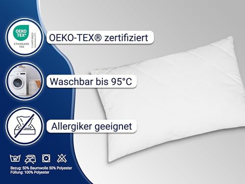ZOLLNER Komfortables Kopfkissen - 50x80 cm - mit Reißverschluss – Individuell anpassbare Füllung aus Synthetikfasern - bis 95°C waschbar - Bezug aus Baumwollmischung - Hotelqualität