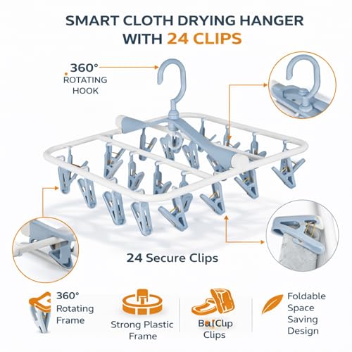 Image of Premium Cloth Drying Hanger Rack(24 Clips) 360 Degree Portable & Rotatable Clips,Baby Clothes Hanger, Foldable Hanger (Grey)