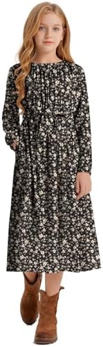 LaBeca Girls Casual Floral Printed Elastic Crew Neck High Waist Ruffle Sleeve Rayon Woven Midi Belted Dress with Pocket