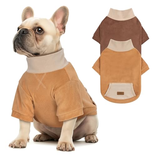 cyeollo 2 Pack Warm Dog Fleece Sweater with Sleeves, Khaki & Brown, L