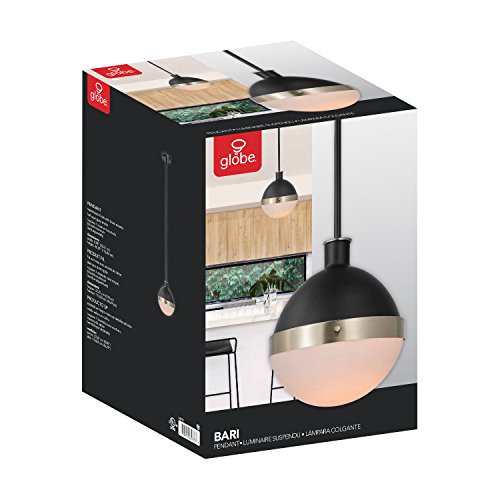 Globe Electric 65773 1-Light Pendant, Black, Matte Finish, Brass Accents, Half Opal Glass Shade, E26 Base Socket, Kitchen Island, Café, Decorative, Ceiling Hanging Light Fixture, Modern, Vintage #TOP5
