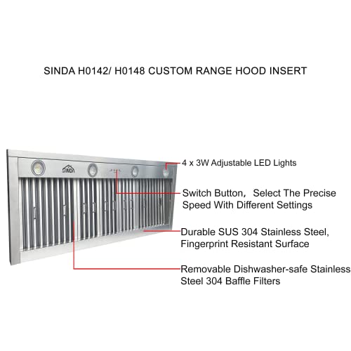 Sinda 60 Inch Built-In/Insert Range Hood, 4-Speed 1260 Cfm Stainless Steel Vent With Liner And Internal Motor, Baffle Filters, 8" Round Duct & Adjustable Led Lights, Liner Insert, Savent-60 #TOP2