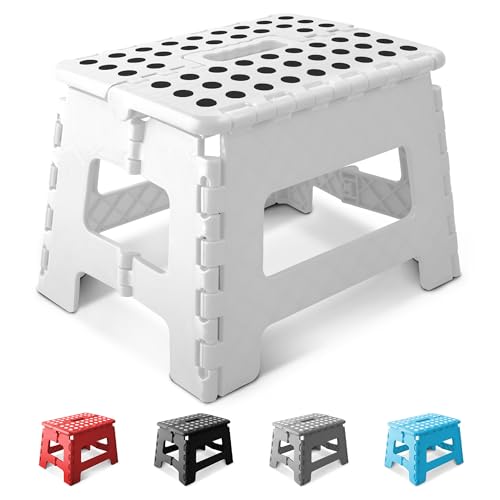 KEPLIN 9 Inch Heavy Duty Folding Step Stool | Non-Slip Foldable Footstool for Toddlers Children & Adults | Portable Lightweight Plastic Footstep w/Carrying Handle for Indoor or Outdoor (White)