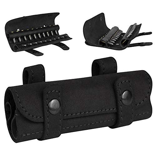 BRONZEDOG Genuine Leather Ammo Pouch .22 Cal Shotgun Shell Holder Belt Cartrige Case Hunting Accessories (Black)