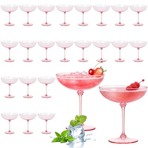 LemonRoad 24 Pcs Plastic Coupe Glasses, 9 oz, Detachable Stem, Pink