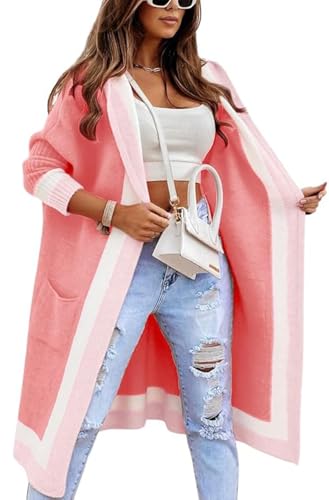 Image of CHARTOU Hooded Long Knit Cardigan for Women Blcoked Color Long Sweatshirt Jacket Sweater