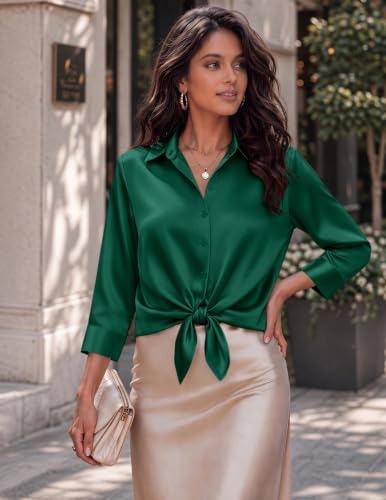 Image of Zeagoo Womens Satin Blouses Button Down Shirts 3 /4 Sleeve Dressy Tops S-2XL