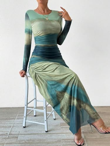 Image of MARZXIN Women Long Sleeve Maxi Dress Bodycon Ruched Formal Slim Fit Tie Dye Dress Formal Mesh Dress