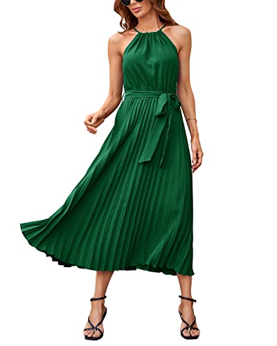 Sexyasasii Women's Pleated Halter A-Line Dress 2023 Summer Casual Sleeveless Belted Swing Cocktail Midi Dresses（Green，M） #TOP6