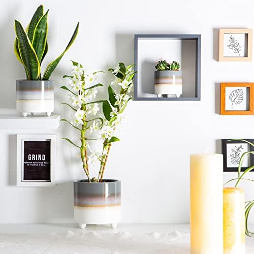 Nicola Spring Reactive Glaze Footed Plant Pot - Bohemian Planter Indoor Stoneware - 14cm - Grey