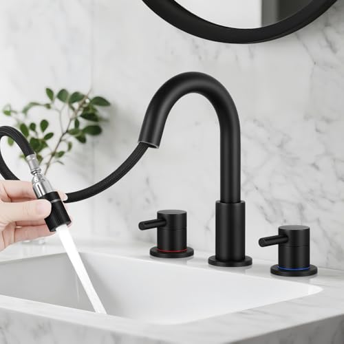 BDJM Bathroom Faucet 3 Hole, 8 Inch Widespread 2 Handle Pull Down Bathroom Sink Faucets with Pop Up Drain and 360° Swivel Spout,Matte Black