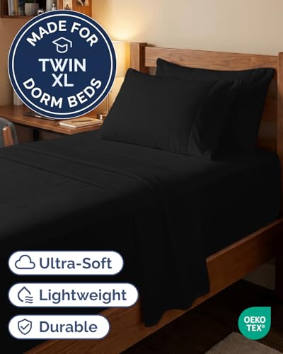 Image of Extra Deep Twin XL Sheet Set - 4 Piece Breathable & Cooling Sheets - Black | Hotel Luxury Bed Sheets Set, Easy & Secure Fit, Ultra-Soft, Wrinkle & Fade Free, Comfy Sheets Set with Extra Deep Pockets
