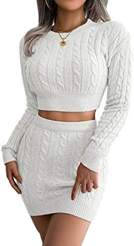 Aladeno Women's 2 Piece Sweater Outfits Long Sleeve Ribbed Knit Crop Top Bodycon Mini Skirt Set White S
